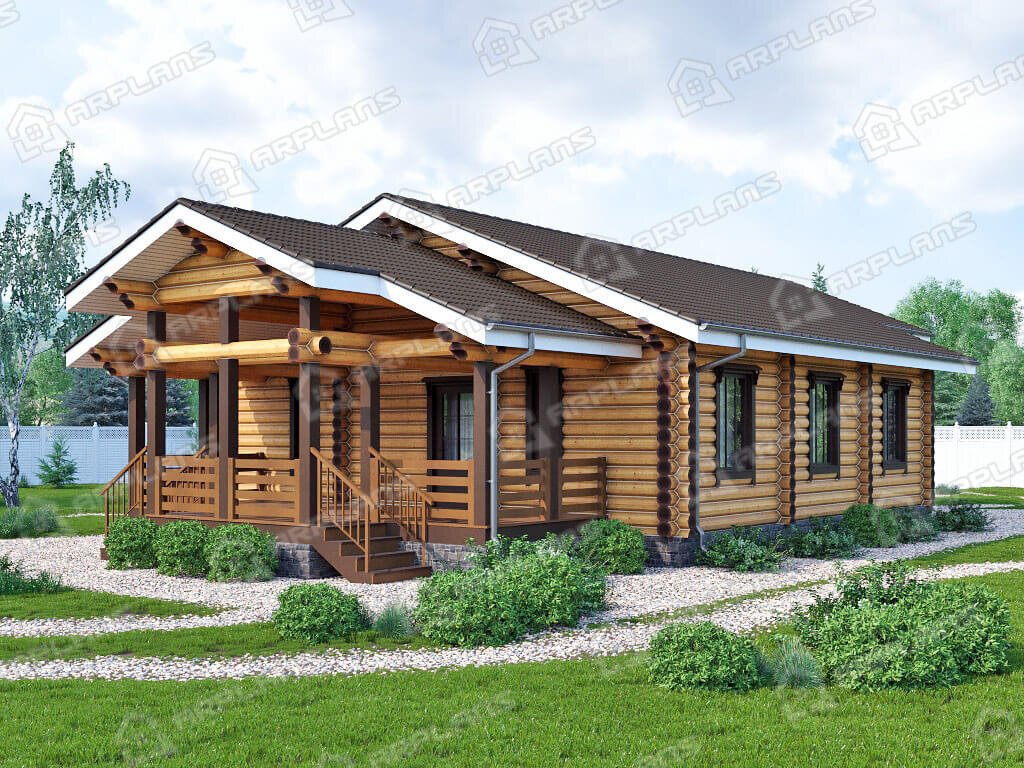 Фото 1 одноэтажного деревянного дома из бревна с 3 спальнями, газовой котельной и террасой. 143 кв м. Источник arplans.ru Проект ДО-008