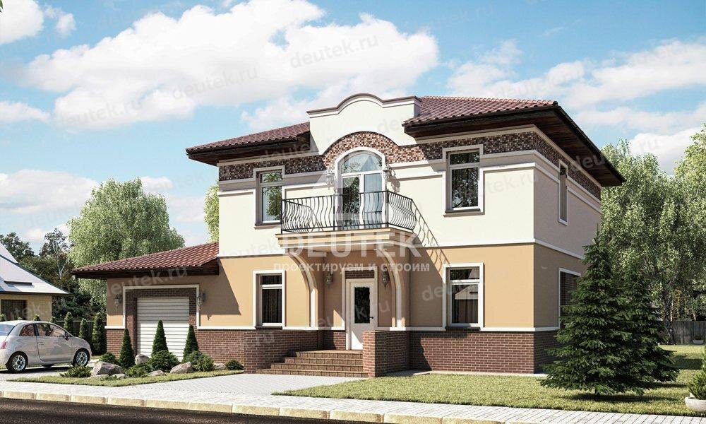 Проект двухэтажного дома 220 м2 из газобетона с гаражом, кабинетом, балконом и террасой - LK-97