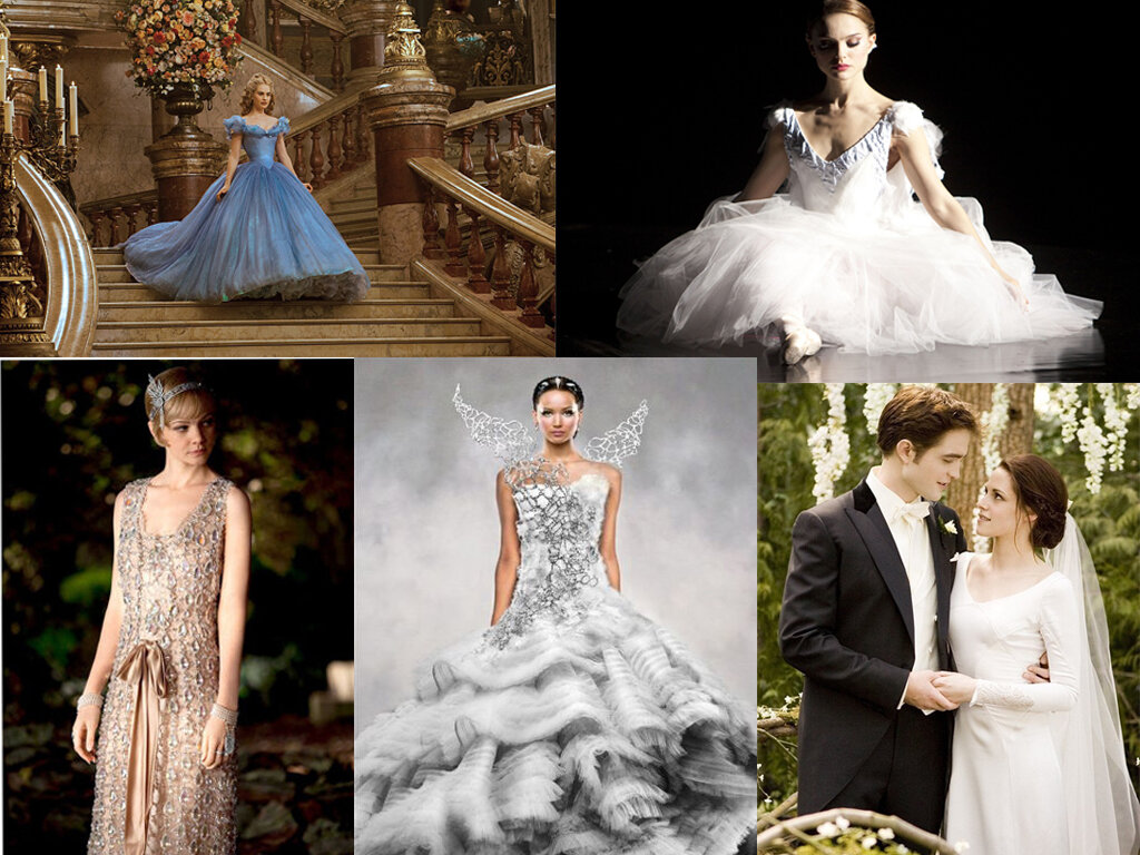 кадры из фильмов "Золушка", "Черный лебедь", "Великий Гэтсби", "Голодные игры и вспыхнет пламя", "Сага: Сумерки. Рассвет"