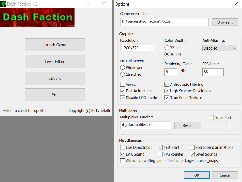 Dash Faction Launcher чем-то даже похож на стандартный загрузчик игры, но в разделе "Options" доступно куда больше настроек...