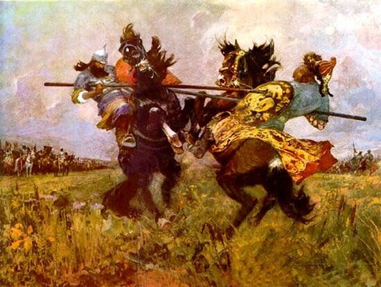 Репродукция картины Михаила Авилова "Поединок Пересвета с Челубеем на Куликовском поле"