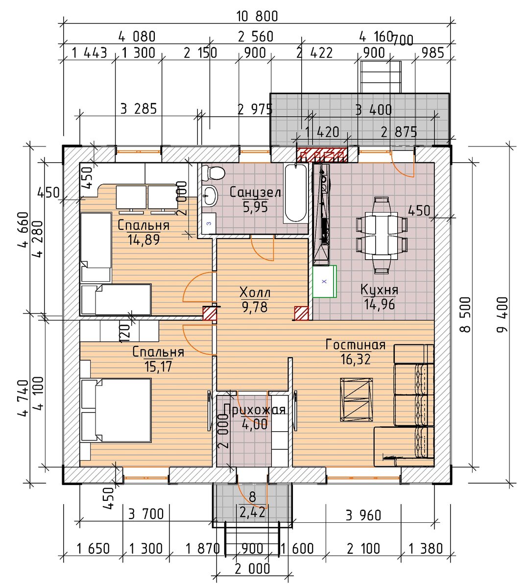 Одноэтажный дом 9,4 х10,8 м. из кирпича, общей площадью 80 кв.м. ??