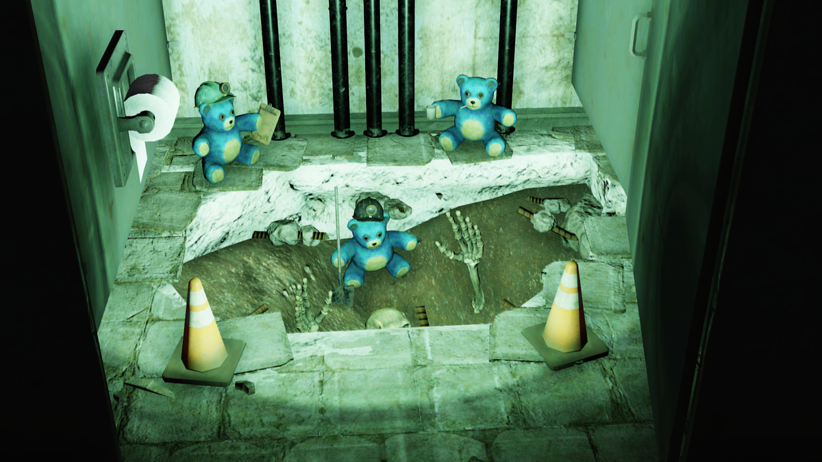 Инсталляция с мишками-шахтерами в Туалете Шахты Мононга - скриншот из игры Fallout 76