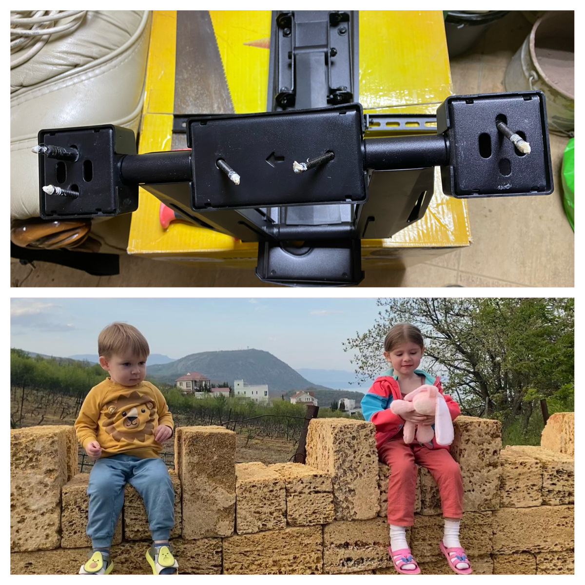 Верхнее фото - Да-да: почти сорок килограммов электроники держалось вот на таких миниатюрных шурупчиках! Нижнее фото - мои внуки, сидящие на стене из блоков ракушняка. 