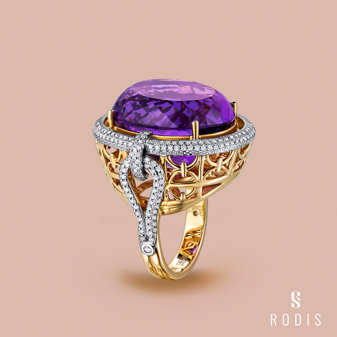 Кольцо "Престиж", желтое золото 585 пробы, аметист, прозрачные бриллианты высшей категории, ручная работа, стоимость по запросу