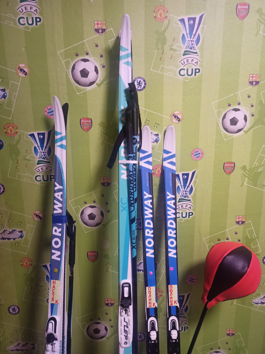 Теперь у нас три пары лыж для моих учеников разного размера 