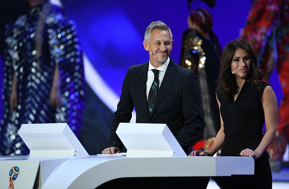 Gary Lineker and Maria Komandnaya at the Final Draw of the 2018 World Cup