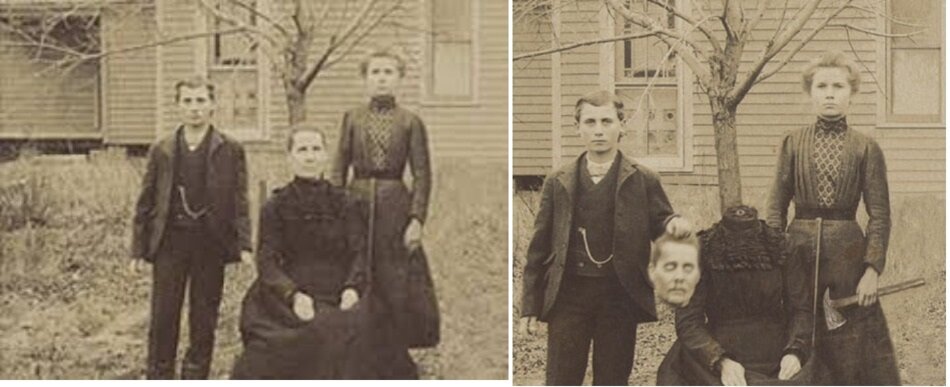 Один из примеров фотографий викторианской эпохи. Я намеренно выбрал именно эту фотографию, потому что в интернете одно время пестрели заголовки о жутком убийстве. Кто поверил - успокойтесь, все живы. по крайней мере на момент проявки фотографии