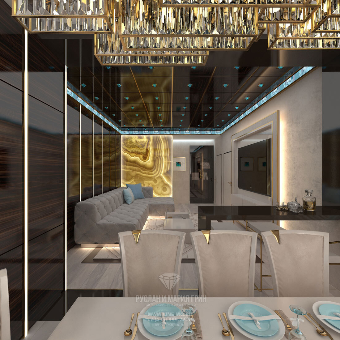 На фото: 3D визуализация интерьера кухни-гостиной в квартире