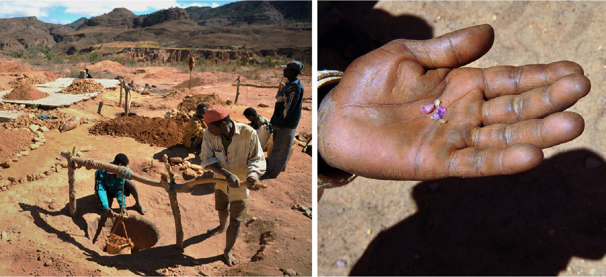 Село из 50 жителей превратилось в 60-тысячный город самой настоящей "сапфировой" лихорадки. Сейчас Мадагаскар обеспечивает 50% поставок сапфиров по всему миру. На фото труд старателей, часто среди них дети.
