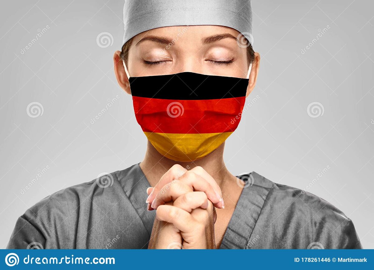 Ресурс: https://www.dreamstime.com/german-doctor-praying-help-germany-flag-surgical-mask-young-woman-medical-needing-ppe-help-to-fight-covid-coronavirus-image178261446