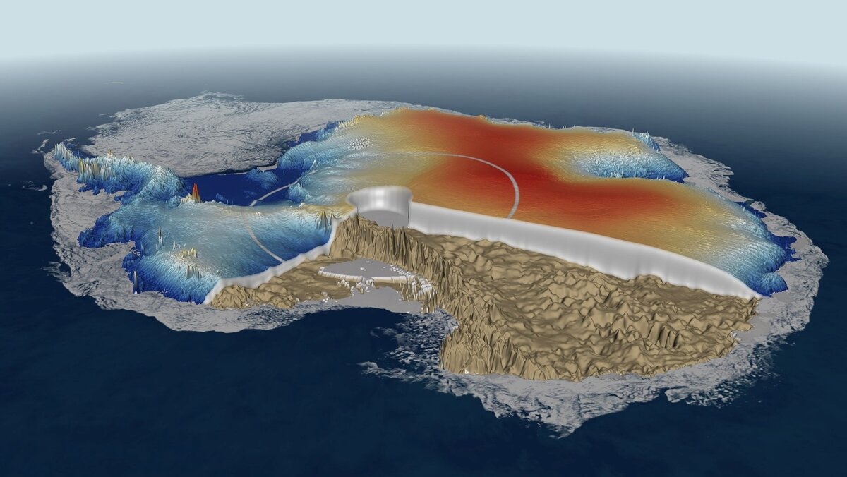 На компьютерной модели показан примерный подледный рельеф Антарктиды, толщина ледового щита паковые льды. Взято из Яндекс-картинок  