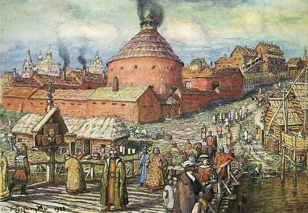 Китайгородская стена выглядела раньше примерно так. И выглядела бы, если бы ее не снесли в 30-х годах при советской власти. 