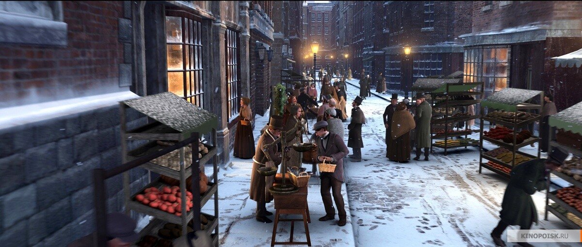 Кадр из мультфильма. Заснеженный Лондон и жители, которые готовятся к празднику