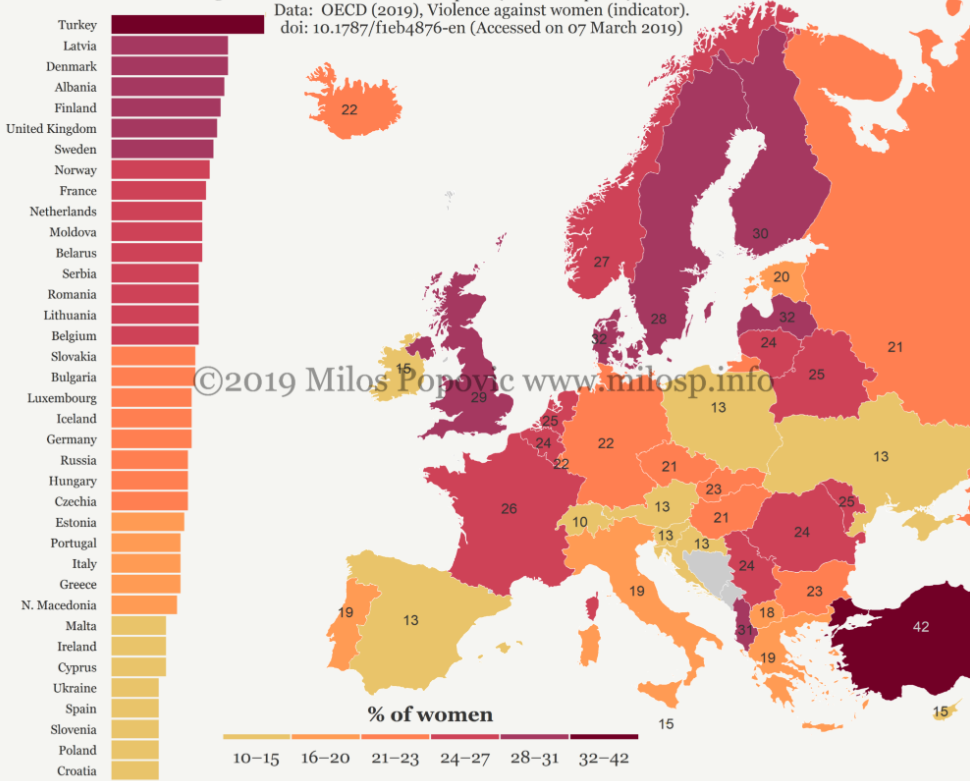 Карта насилия над женщинами в странах Европы. Автор карты Milos Popovic