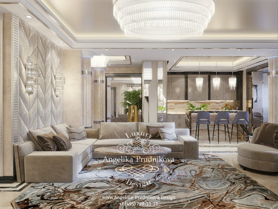 На фото: Дизайнерский ковер с фантазийным рисунком и авторские стеновые панели в отделке гостиной