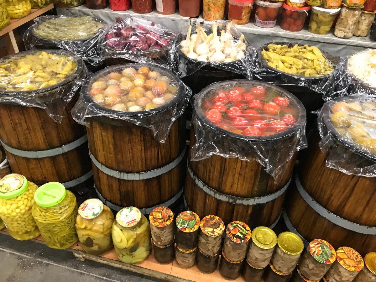 Соленья. В бочках - на развес. Грибы в банках уже готовы под картошечку...