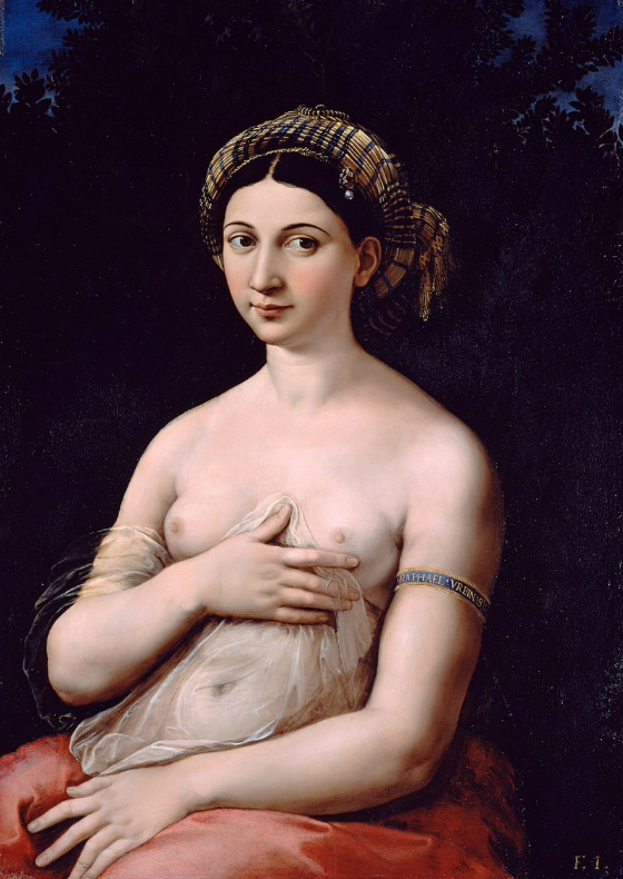 Форнарина, Рафаэль Санти, Палаццо Барберини, Рим . На браслете на руке имя художника, в волосах тяже броска, что и на картине выше.
