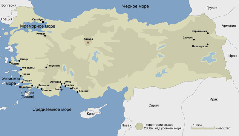На карте: Турцию омывают 4 моря