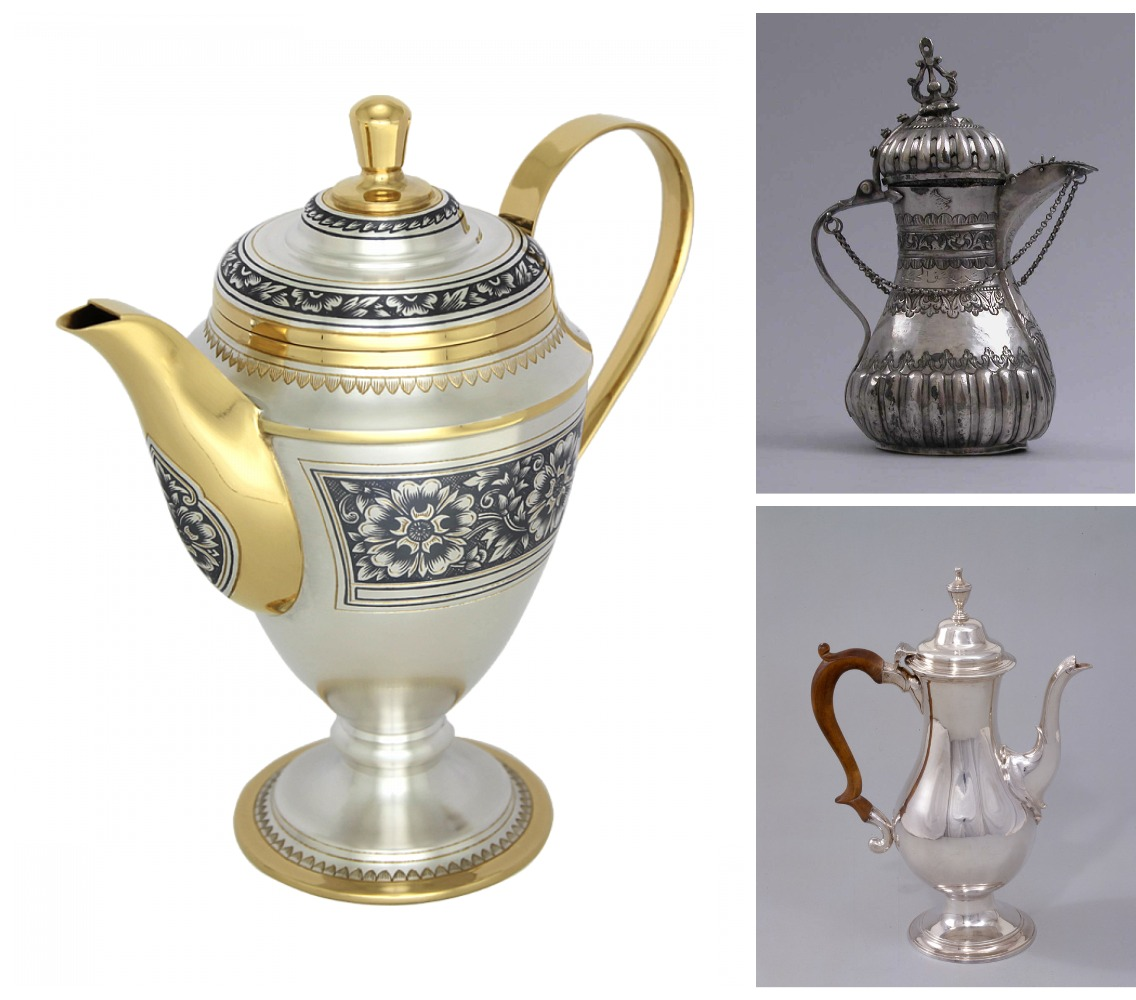 Кофейник   1809–60 годы © The Metropolitan Museum of Art и кофейник Георга III 1787 год © National Museum of Women in the Arts