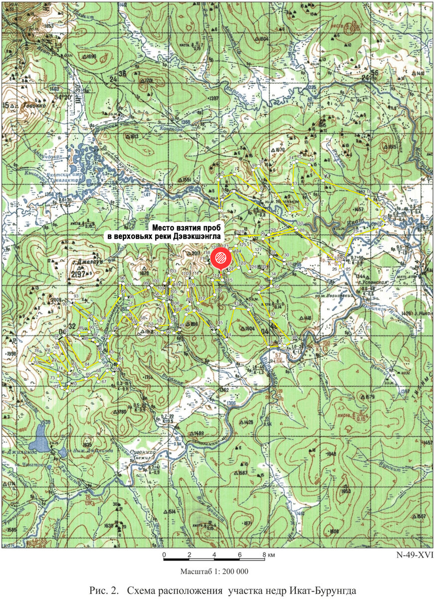 Карта участка с обозначением место взятия проб в верховьях реки Дэвэкшэнгла (Давыкша).