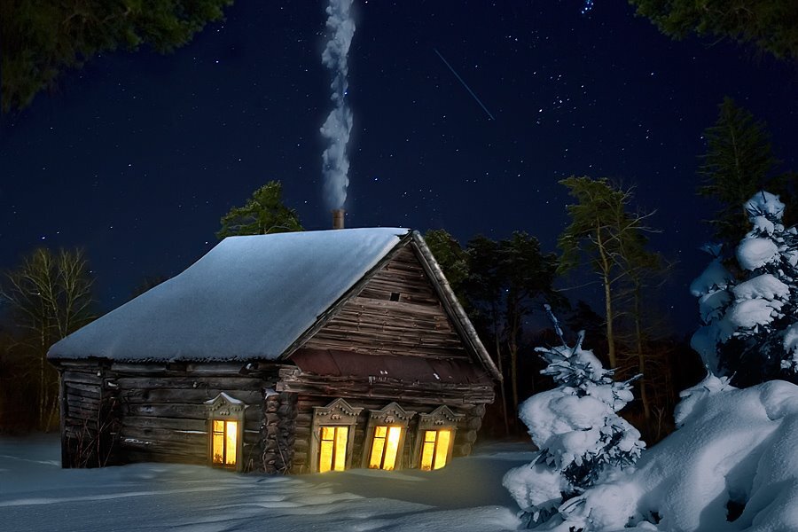 Стояла тихая морозная ночь. Изба зимой. Заснеженный домик. Зимняя деревня. Деревенский домик зимой.