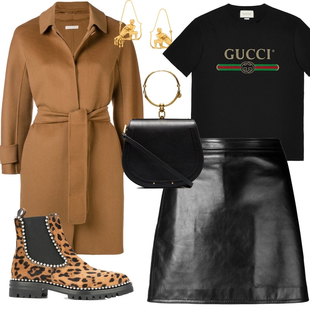  Пальто 'S MAX MARA, футболка GUCCI, юбка SAINT LAURENT, сапоги ALEXANDER WANG, сумка CHLOÉ, серьги GIVENCHY 