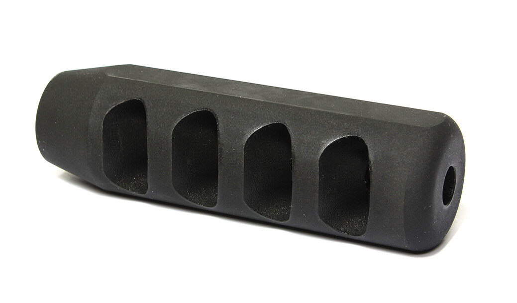 А это - дульный тормоз. Как видите, в нем имеются отверстия только для отвода газов в стороны, но не вверх.