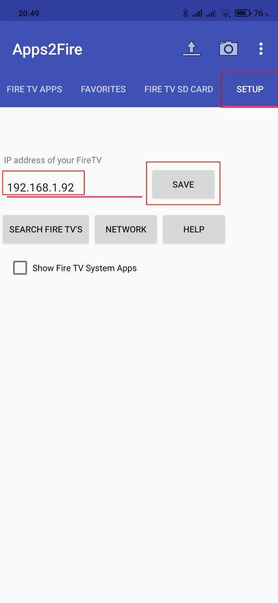 На вкладке Setup вводим ip адрес приставки и нажимаем на кнопку Save