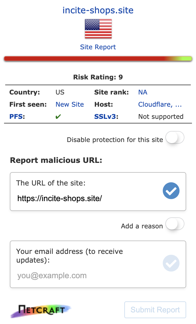 

Например, найденный первым сервис Cloudphish работает с электронными письмами, то есть при открытии веб-почты он будет проверять URL в ваших письмах.
Второй найденный в поиске сервис работает с URL в адресной строке. Допустим для вредоносного сайта incite-shops.site из вышеупомянутой фейковой рекламы facebook этот плагин говорит, что это новый домен, и это важный признак: никогда не покупайте на только что созданных доменах:



Поставьте себе такой plugin - это бесплатно!
С плагинами надо быть осторожными, чтобы не поставить себе вредоносный плагин, под видом защитного плагина. Была история, когда очень популярный плагин, который показывал погоду, перехватывал заходы на интернет-магазины и переводил своем разработчику кэшбек, который сейчас есть на многих сайтах.