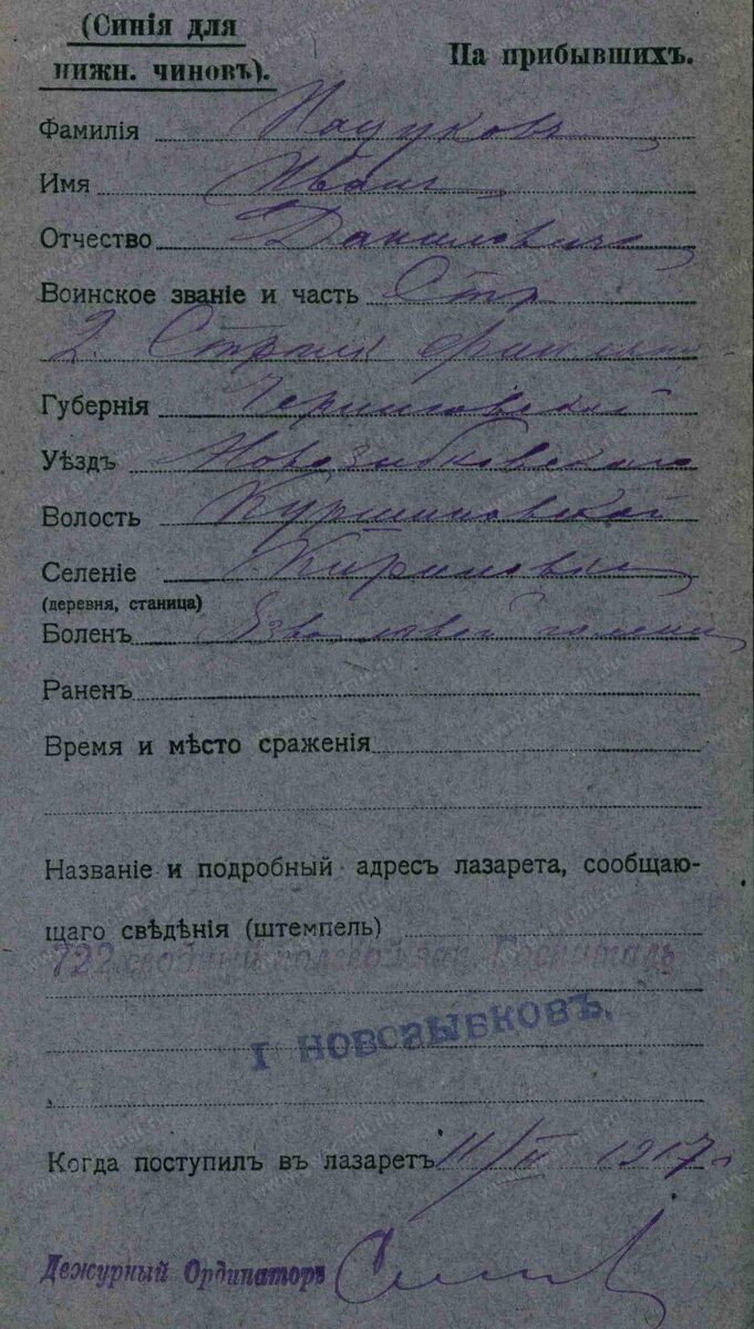 1917 год, карточка госпиталя на Пацукова Ивана Даниловича