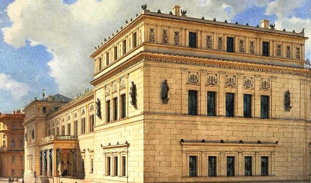 На фрагменте старинной акварели хорошо видны статуи, расположенные на фасаде Нового Эрмитажа