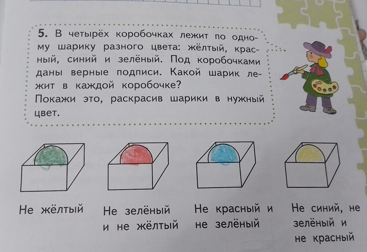 В четырёх коробочках лежит по одному шарику разного  цвета:жёлтый,красный,синий,зелёный.Под коробочками даны верные подписи. |  ШКОЛЬНИК | Дзен