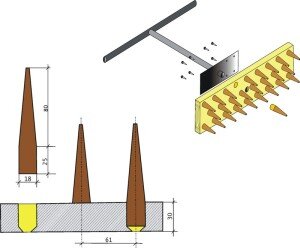 Маркер может иметь разные размеры и форму. Для большинства видов работ используют приспособление, похожее на грабли с редкими зубьями. Его удобно использовать и хранить. Если у вас большие по ширине или длине грядки, то можно сделать цилиндрический вариант. Он представляет собой барабан с нанесенными на него выступами для изготовления борозд.