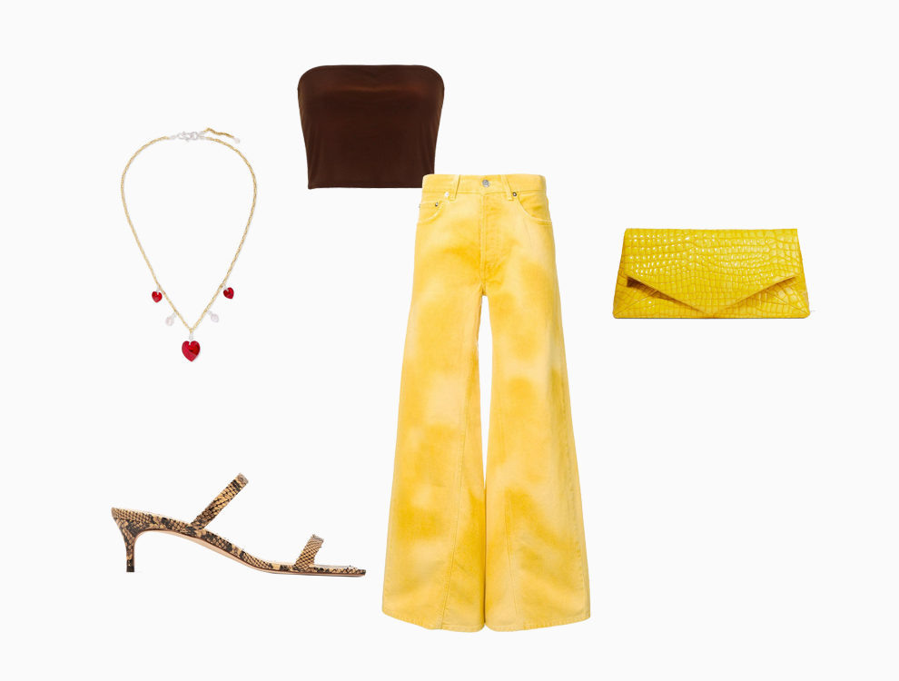 Ожерелье Wald Berlin, 9979 рублей; топ Boohoo, 260 рублей; босоножки By Far, 12370 рублей; джинсы Ganni, 11563 рубля; клатч Dries Van Noten, 57730 рублей