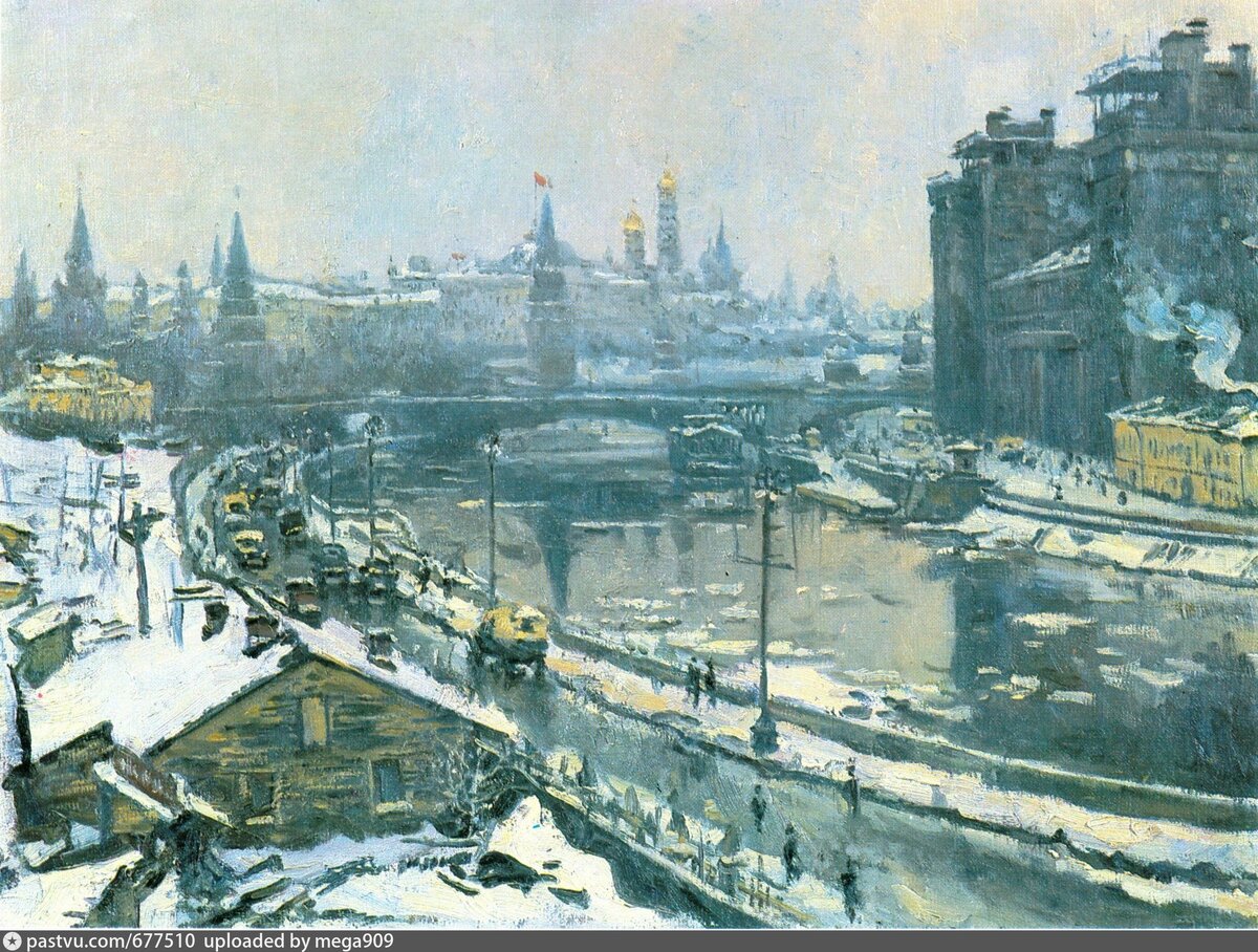 Справа — Дом на Набережной, жилище партийной элиты. Сейчас там квартиры патриарха, Глюкозы, Хазанова и проч. Художник: Апфельбаум В. Ю., 1958