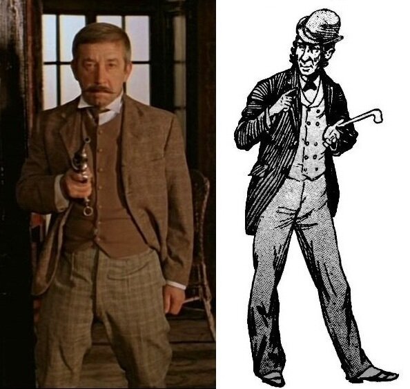 Слева - Борислав Брондуков в роли инспектора Лестрейда. Справа - Лестрейд на первой иллюстрации к повести "Этюд в багровых тонах", художник Джордж Хатчиссон.