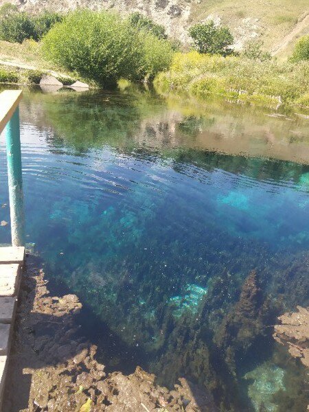 Как и во всех родниках, вода в озере всегда очень холодная (+ 5 градусов), тем не менее, находятся смельчаки, которые в нем купаются. Кстати, купаться здесь можно и зимой, поскольку вода здесь никогда не замерзает. Кроме того, вода здесь очень прозрачная, прекрасно просматривается все дно озера-источника. На дне озера несколько воронок, максимальная глубина которых доходит до 5 с половиной метров.Родники и ручей В озере бьет несколько сильных родников, расход воды достигает 300 кубических метров в секунду. Как свидетельствуют погружавшиеся в Голубое озеро дайверы, на дне прослеживаются четыре ключа. Причем, если расчистить камни около самого сильного из них, то может открыться ход в карстовую полость.
