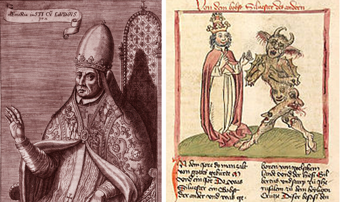 Папа Римский Сильвестр II и он же с Вельзевулом