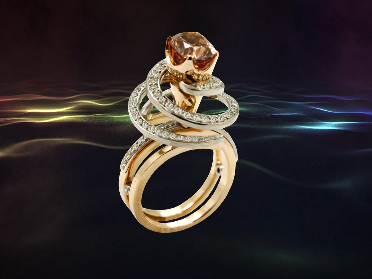 Кольцо Космос из коллекции Космогония. Золото, красный бриллиант 1,6 ct, 74 белых бриллианта 0,8 ct. Ювелир Игорь Орлов