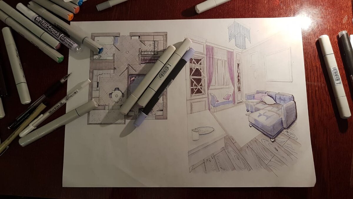 Я чуть было не приобрел "самый нужный" и лучший в своем роде курс по интерьерному скетчингу. Но, случайно наткнулся в ю-тьюбе на ролик, в котором доходчиво и быстро были изложены основные принципы работы. Плюс несколько профессиональных примочек. Абсолютно бесплатно.