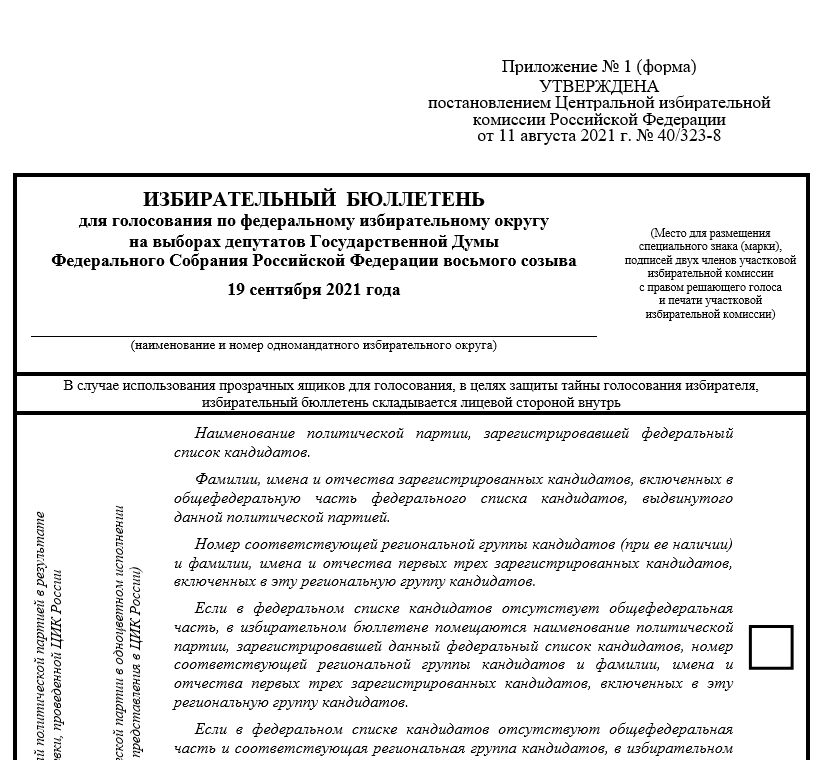 Утвержденная ЦИК форма бюллютеня