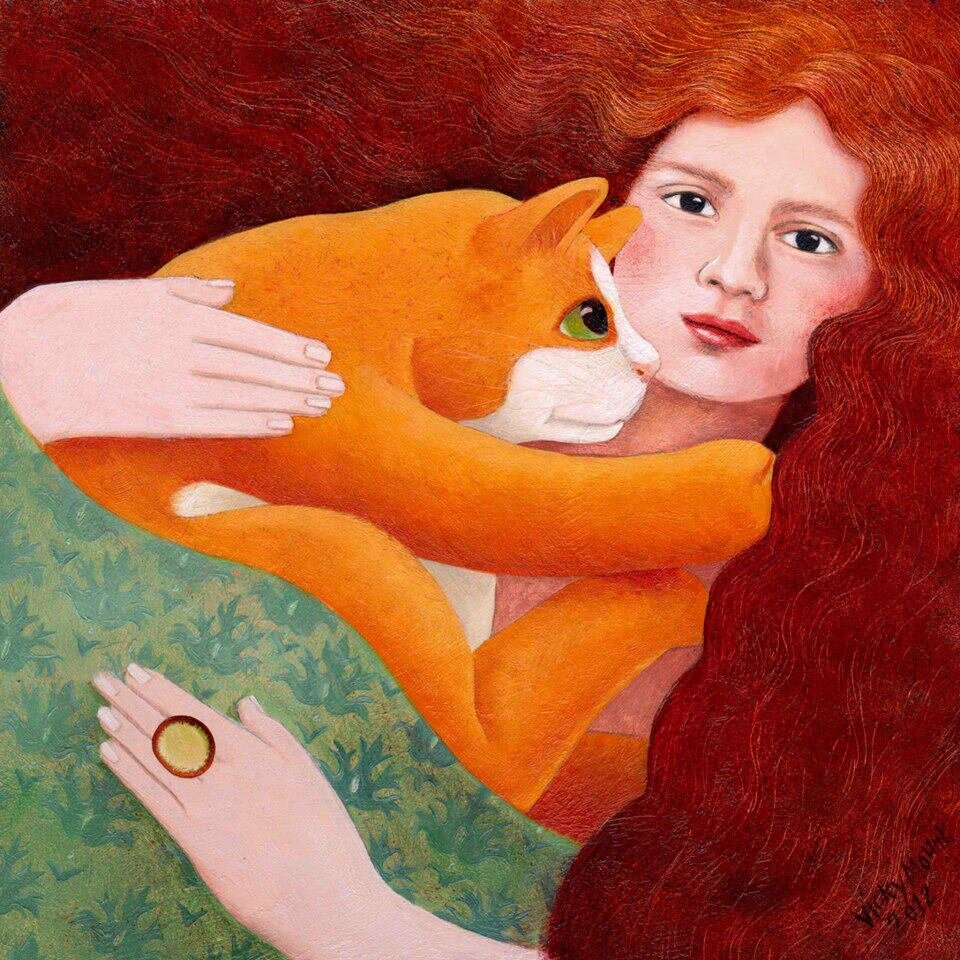 Художник Вики Маунт  /  Vicky Mount / Girl with Ginger Cat / Девушка с рыжим котом