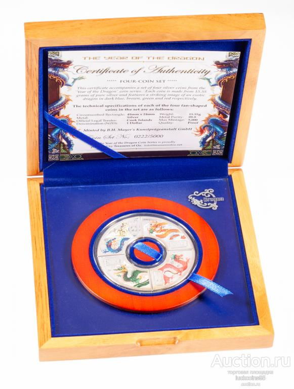 1 Доллар 2012 год. Год Дракона. О-ва Кука. Ag 999 проба/62,2 гр. Общий вес - 62.2 гр. C60