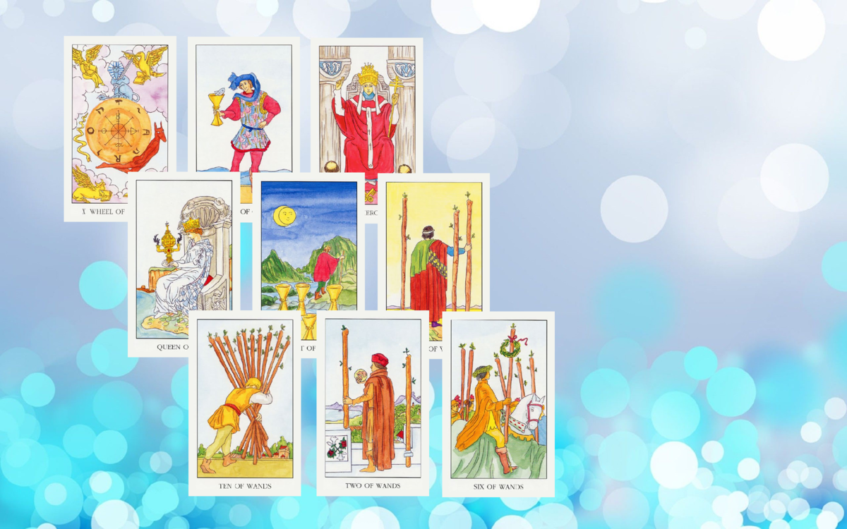 1. Колесо Фортуны. 2. Паж Кубков. 3. Иерофант. 4. Королева Кубков. 5. 8 Кубков. 6. 3 Жезлов. 7. 10 Жезлов. 8. 2 Жезлов. 9. 6 Жезлов.