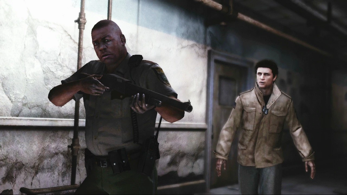 Крутой черный коп, отстреливающий монстров в помощь Алексу. Очень по-сайлентхилловски, правда?