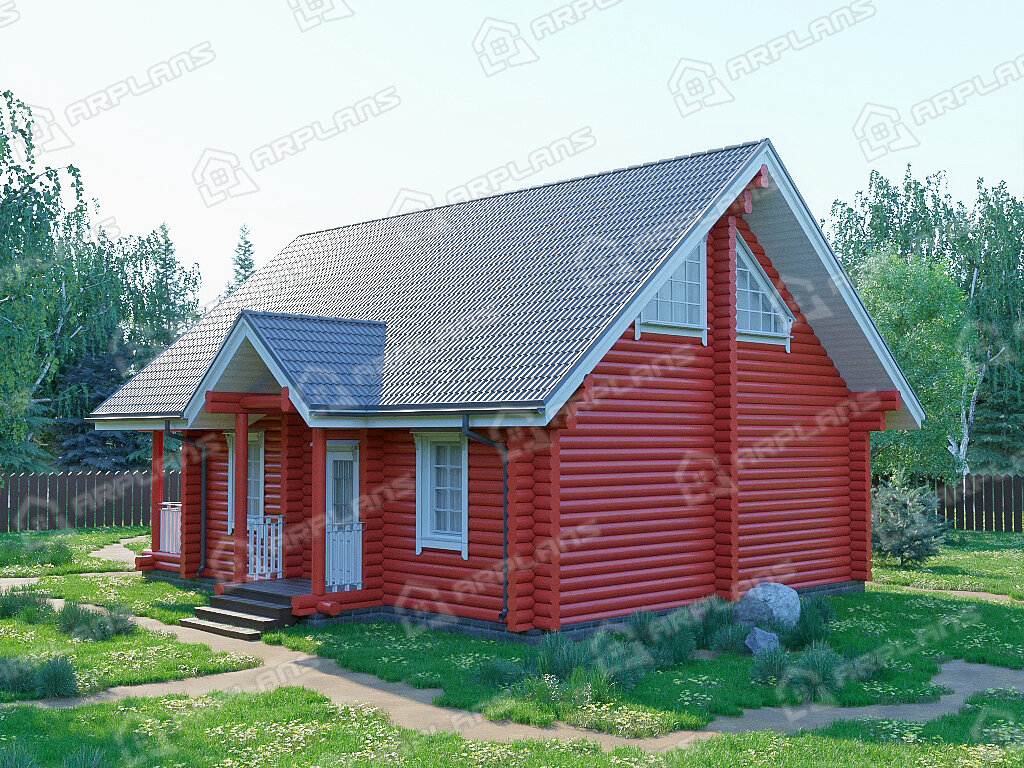 Фото 2 деревянного двухэтажного дома из бревна с мансардой, 2 спальнями, балконом, газовой котельной и террасой. Полезная площадь 100 кв м. Источник arplans.ru Проект ДО-090 
