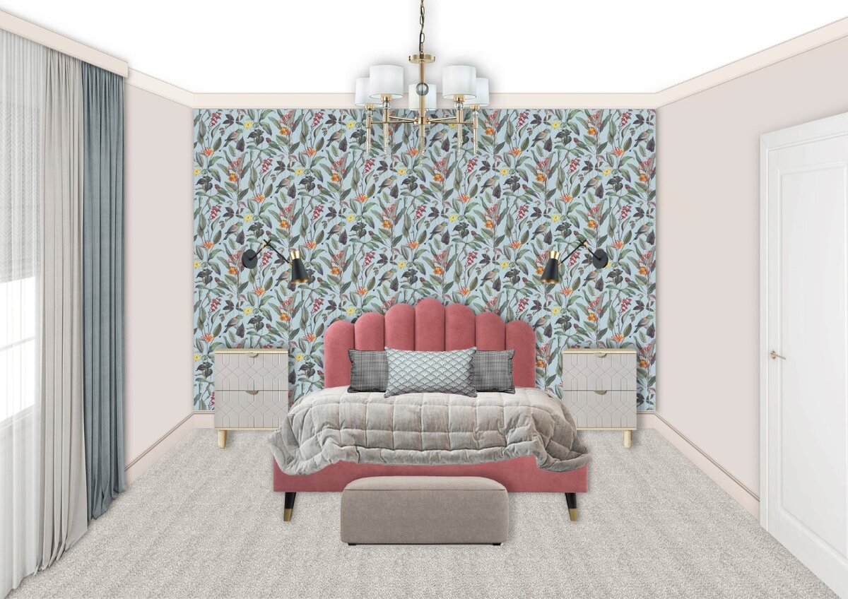 3д коллаж помещения Спальня, акцентная стена с кроватью