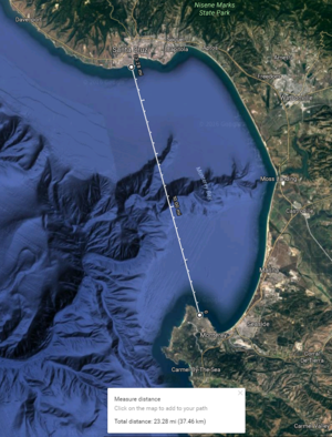 Расстояние между двумя точками, любезно предоставленное Google Earth